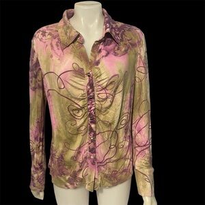 St. John Sport Logo Button Down Long Sleeve Knit Blouse SzL